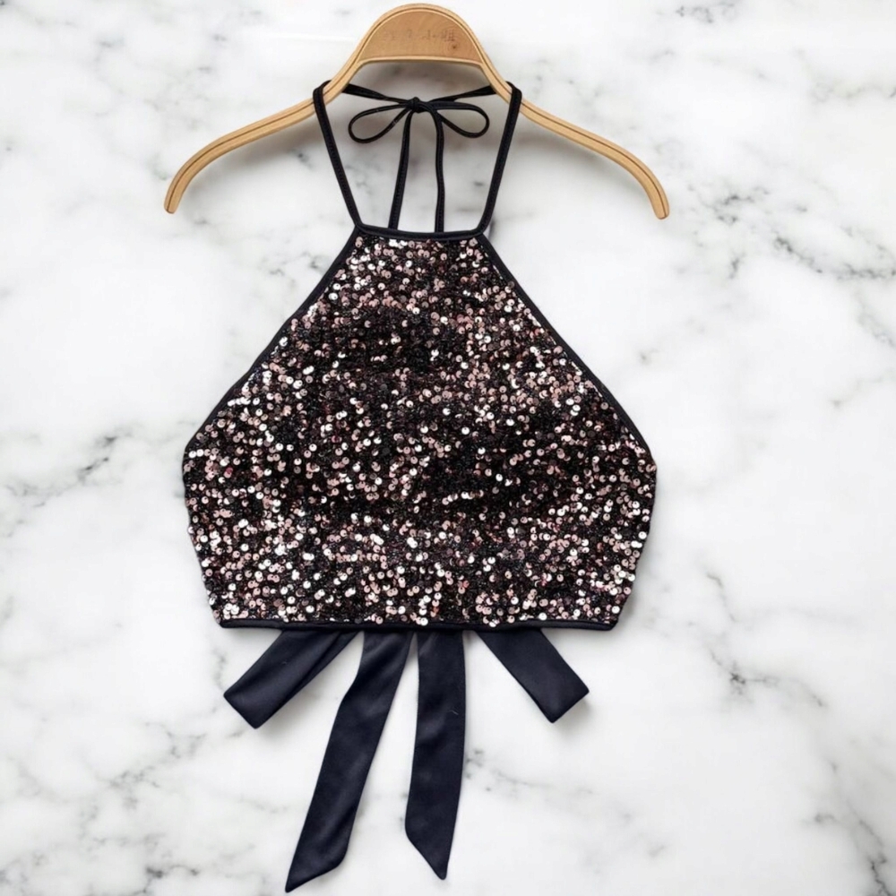Sequin Halter Top - Black